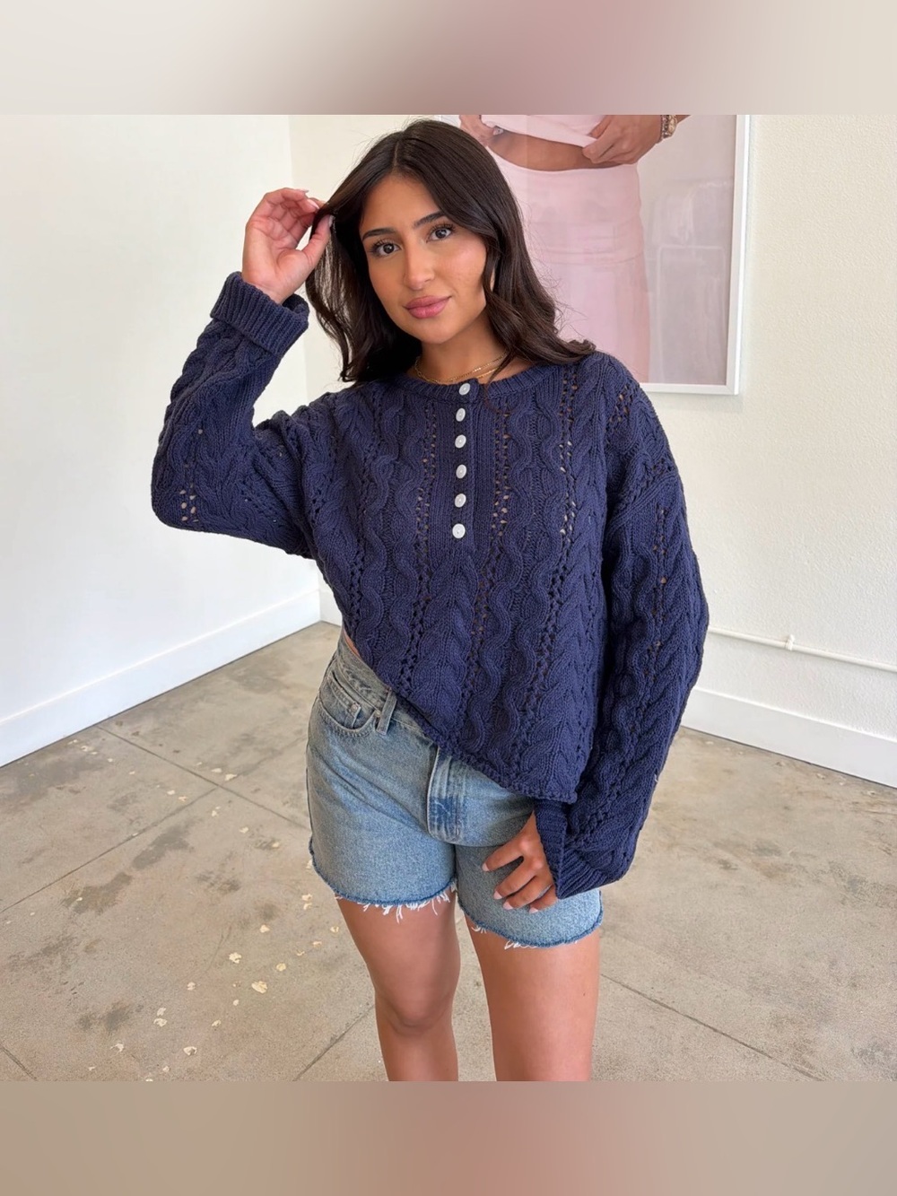 175. Le Lis Navy Cable Knit Henley Sweater